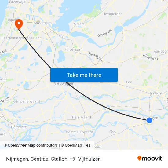 Nijmegen, Centraal Station to Vijfhuizen map