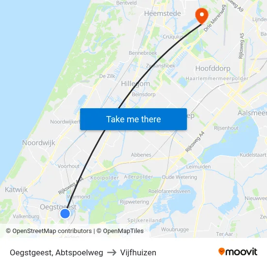Oegstgeest, Abtspoelweg to Vijfhuizen map