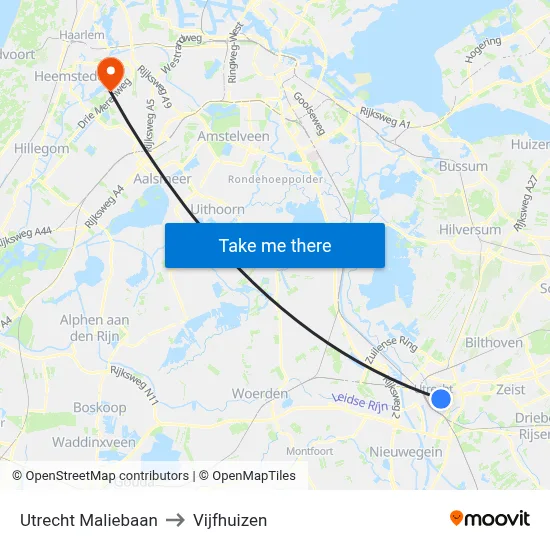 Utrecht Maliebaan to Vijfhuizen map
