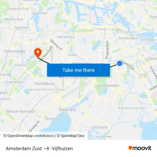 Amsterdam Zuid to Vijfhuizen map
