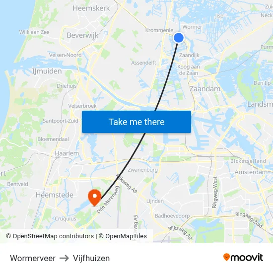 Wormerveer to Vijfhuizen map