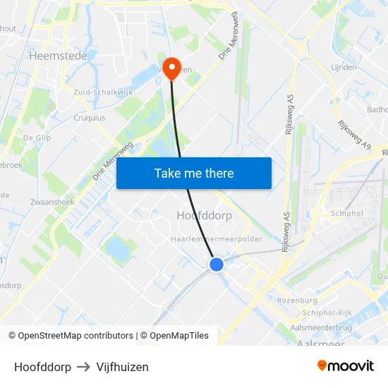 Hoofddorp to Vijfhuizen map