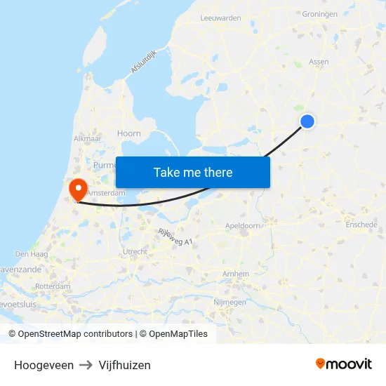 Hoogeveen to Vijfhuizen map