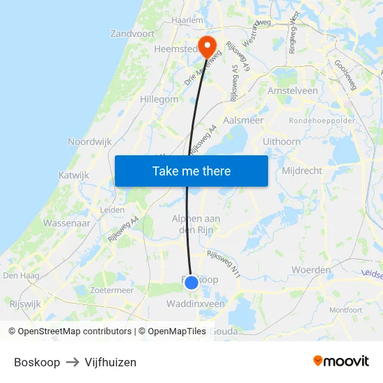 Boskoop to Vijfhuizen map