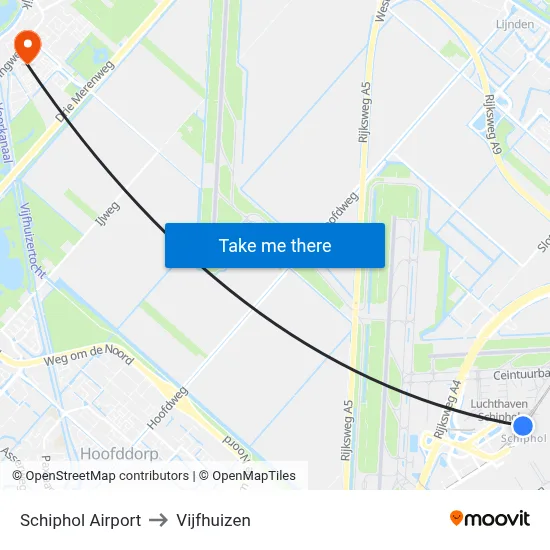 Schiphol Airport to Vijfhuizen map