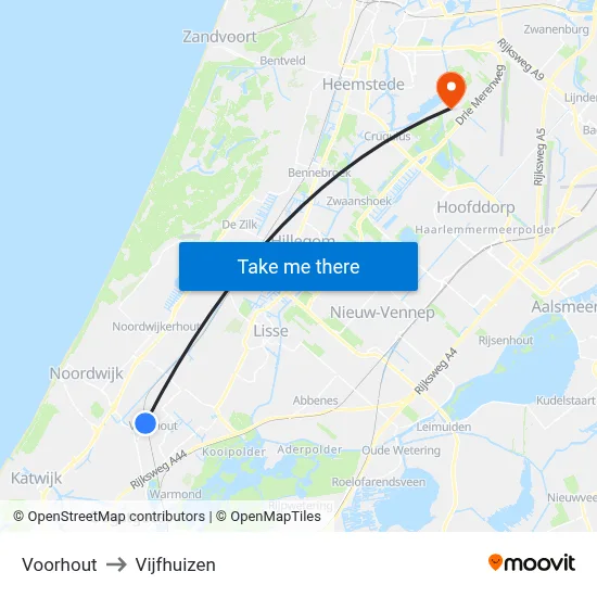 Voorhout to Vijfhuizen map