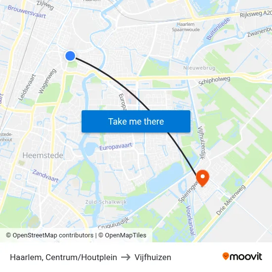 Haarlem, Centrum/Houtplein to Vijfhuizen map