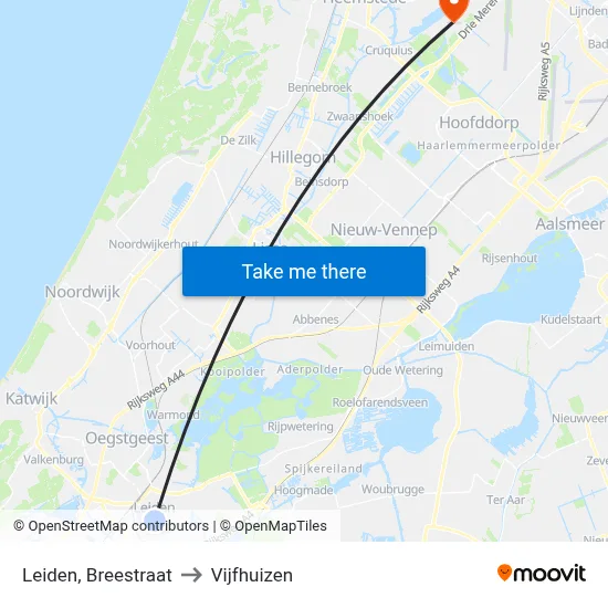 Leiden, Breestraat to Vijfhuizen map