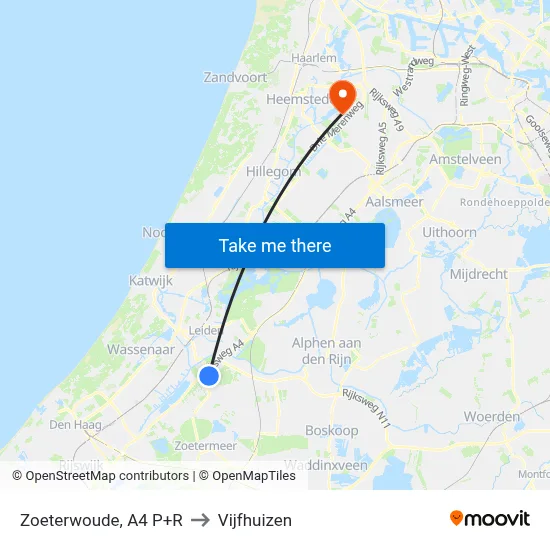 Zoeterwoude, A4 P+R to Vijfhuizen map