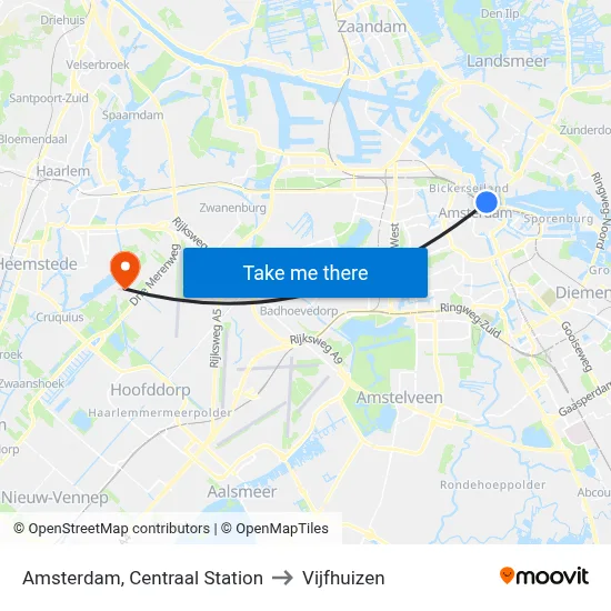 Amsterdam, Centraal Station to Vijfhuizen map