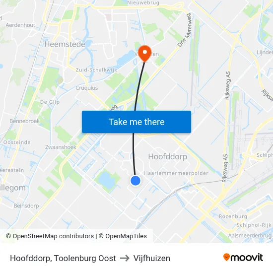 Hoofddorp, Toolenburg Oost to Vijfhuizen map