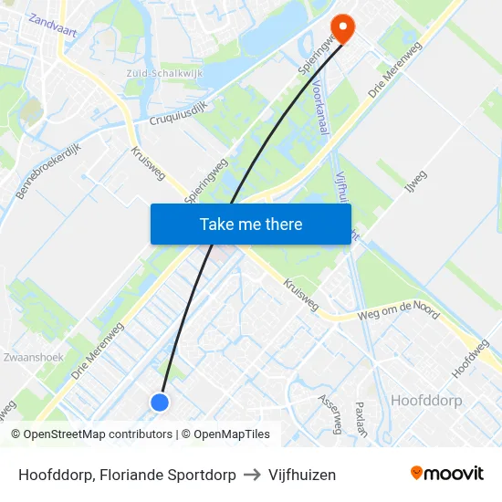 Hoofddorp, Floriande Sportdorp to Vijfhuizen map