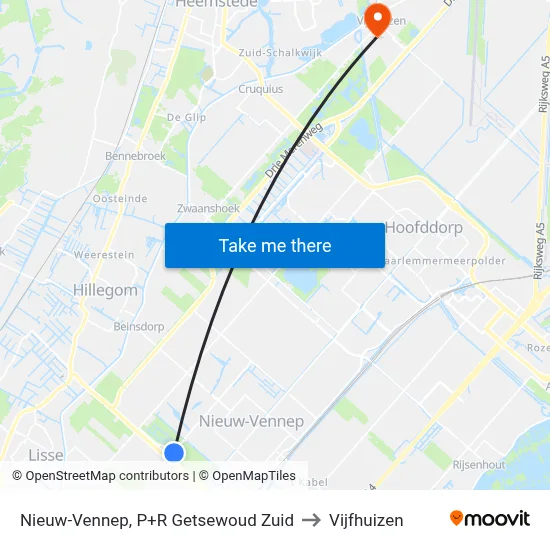 Nieuw-Vennep, P+R Getsewoud Zuid to Vijfhuizen map