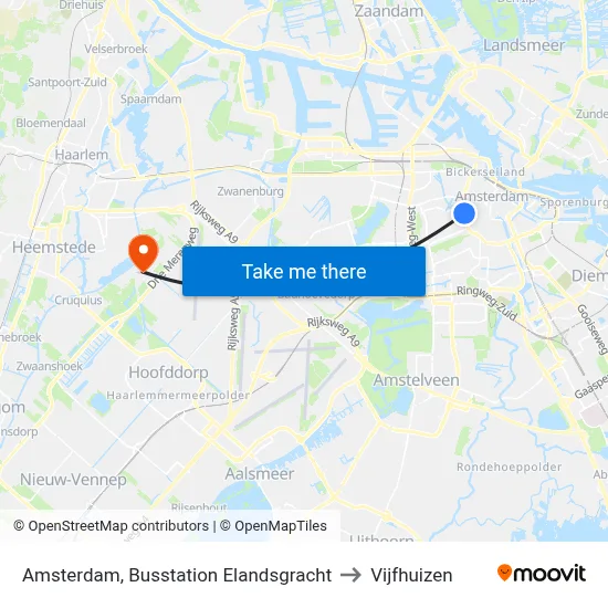 Amsterdam, Busstation Elandsgracht to Vijfhuizen map