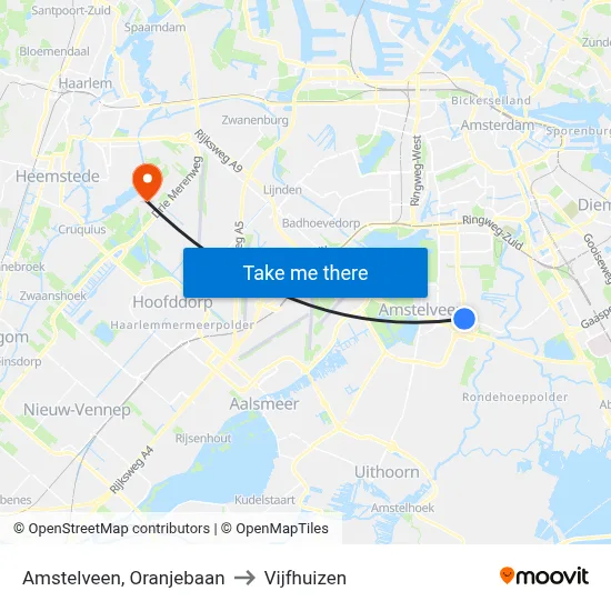Amstelveen, Oranjebaan to Vijfhuizen map