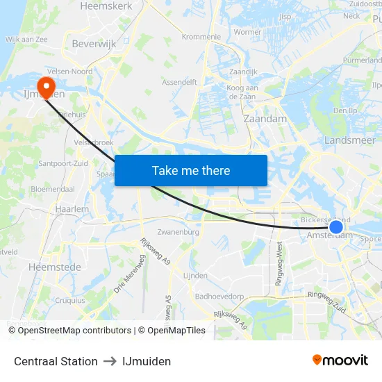 Centraal Station to IJmuiden map