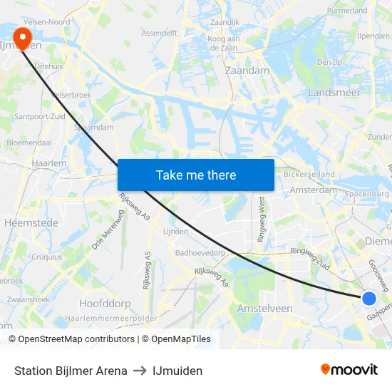 Station Bijlmer Arena to IJmuiden map