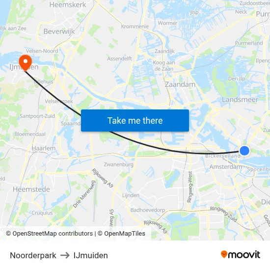 Noorderpark to IJmuiden map