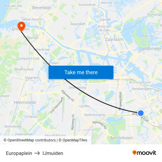 Europaplein to IJmuiden map