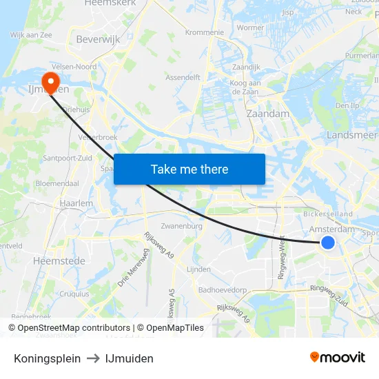 Koningsplein to IJmuiden map