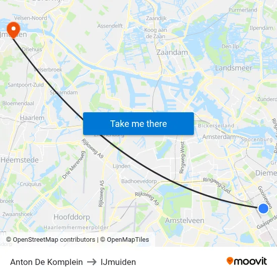 Anton De Komplein to IJmuiden map