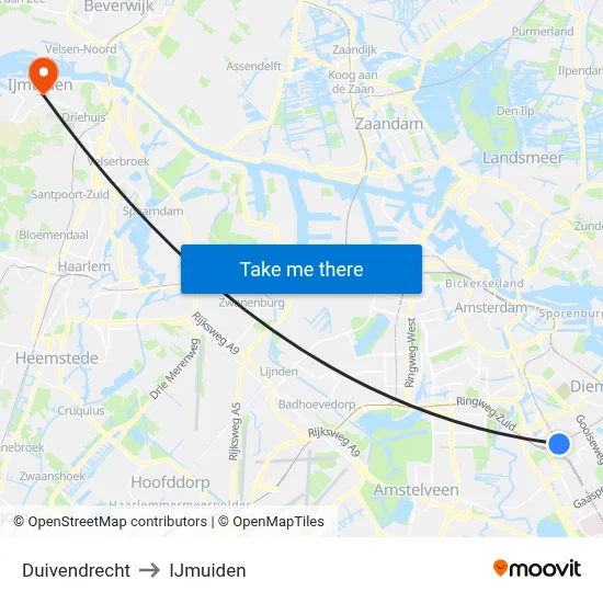 Duivendrecht to IJmuiden map