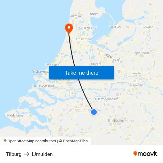 Tilburg to IJmuiden map
