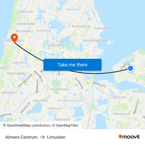 Almere Centrum to IJmuiden map