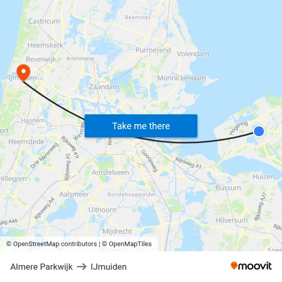 Almere Parkwijk to IJmuiden map