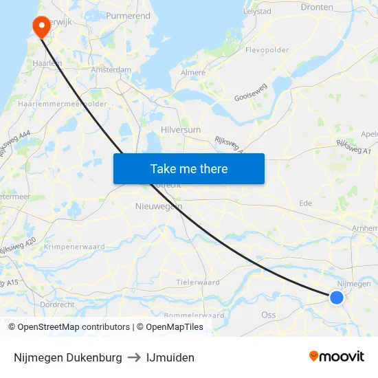 Nijmegen Dukenburg to IJmuiden map