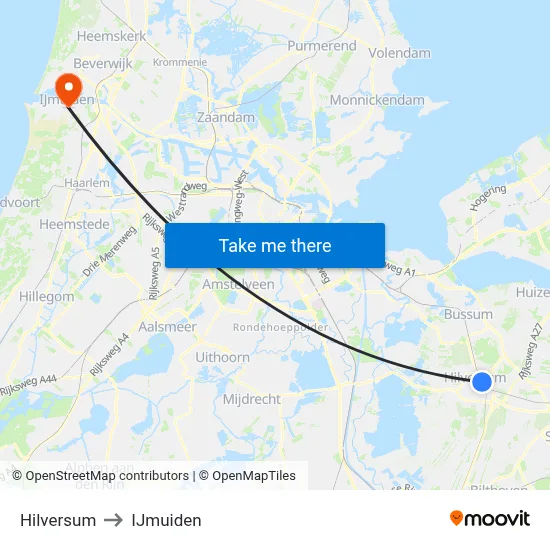Hilversum to IJmuiden map