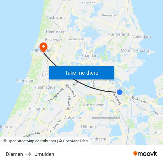 Diemen to IJmuiden map