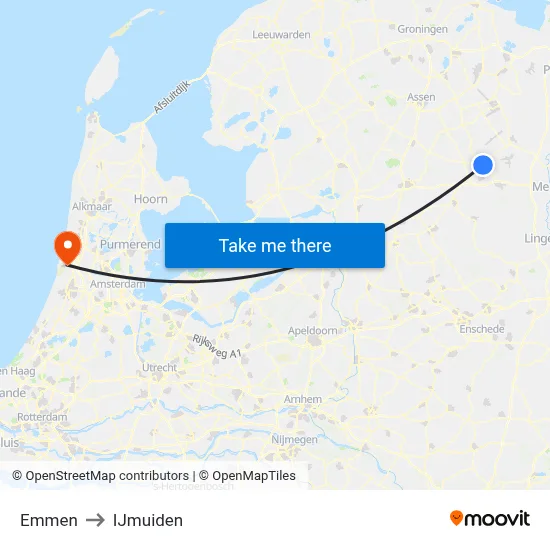 Emmen to IJmuiden map