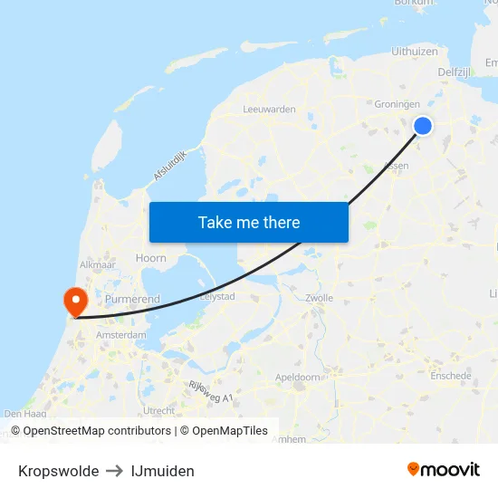 Kropswolde to IJmuiden map