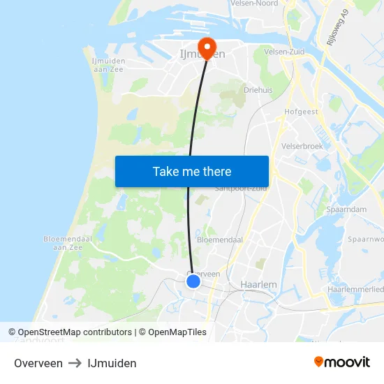 Overveen to IJmuiden map