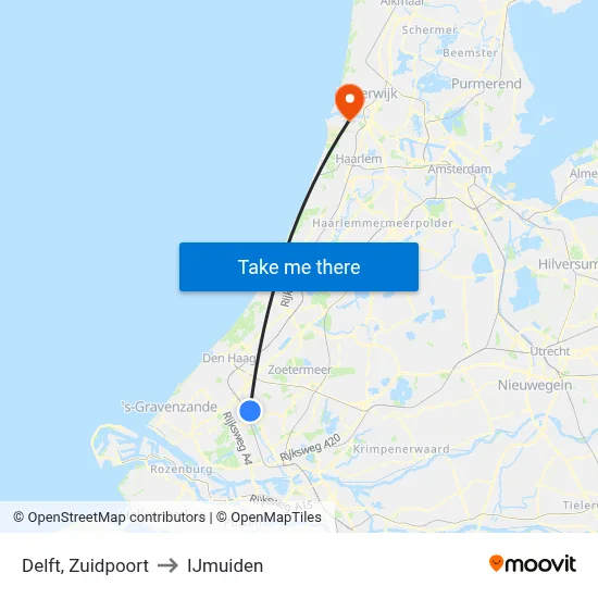 Delft, Zuidpoort to IJmuiden map
