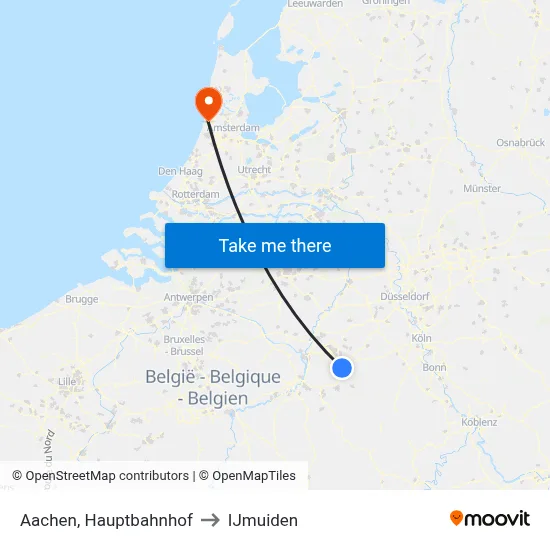 Aachen, Hauptbahnhof to IJmuiden map