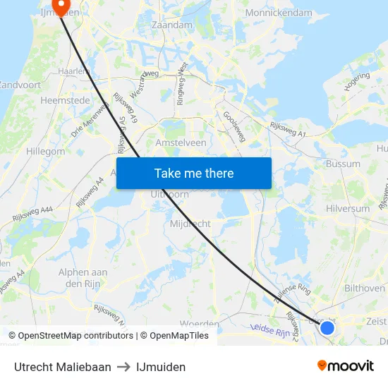 Utrecht Maliebaan to IJmuiden map