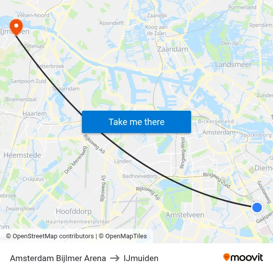 Amsterdam Bijlmer Arena to IJmuiden map