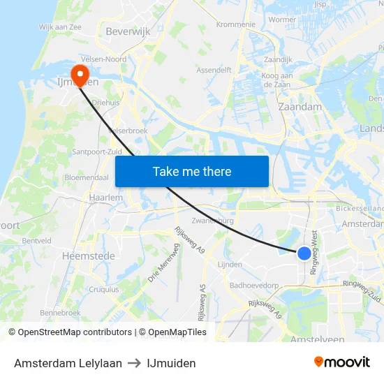 Amsterdam Lelylaan to IJmuiden map