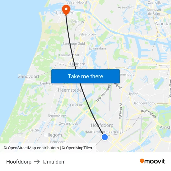 Hoofddorp to IJmuiden map
