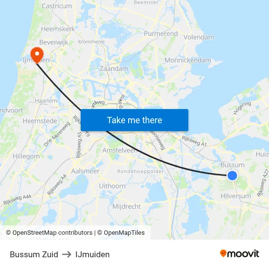 Bussum Zuid to IJmuiden map