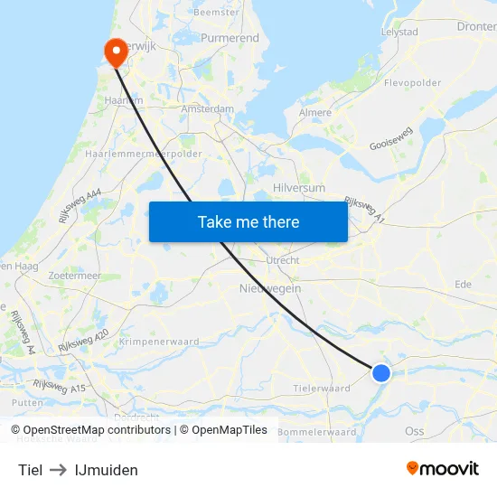 Tiel to IJmuiden map