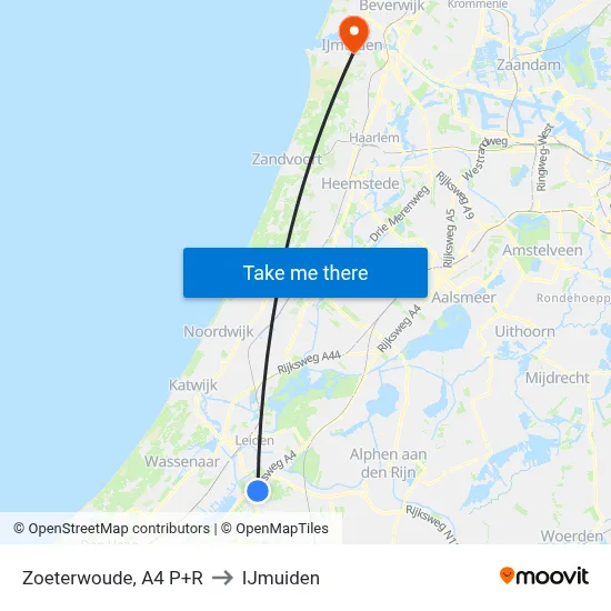 Zoeterwoude, A4 P+R to IJmuiden map