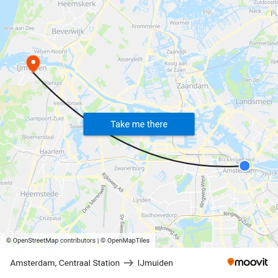 Amsterdam, Centraal Station to IJmuiden map