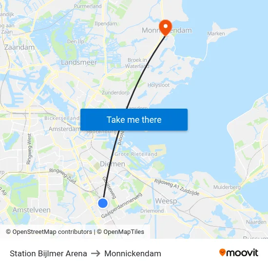 Station Bijlmer Arena to Monnickendam map