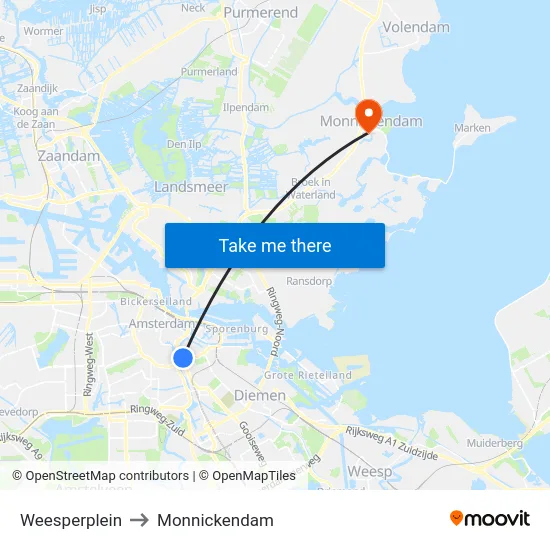 Weesperplein to Monnickendam map