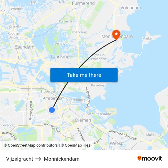 Vijzelgracht to Monnickendam map