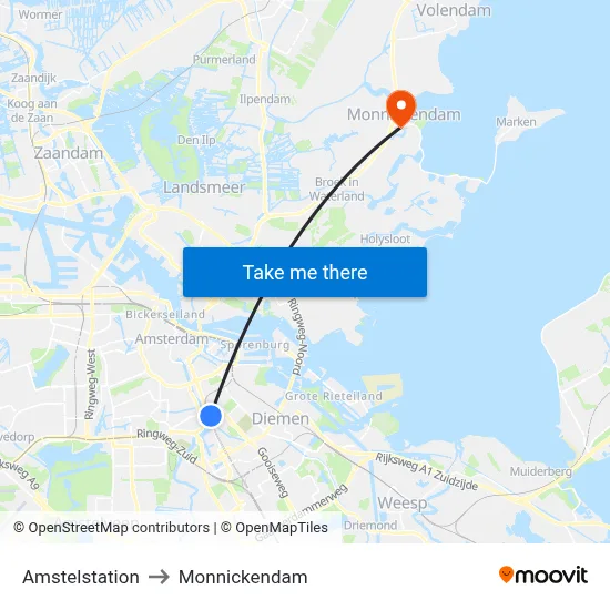 Amstelstation to Monnickendam map