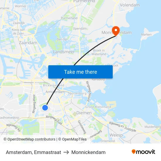 Amsterdam, Emmastraat to Monnickendam map